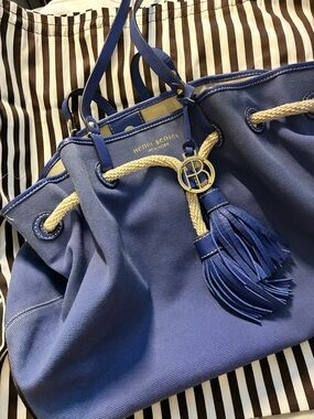 henri bendel royal blue canvas drawstring tote with cream rope & tassel